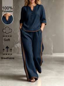 Linhara CURVE Women's Plus Size Casual 2 Pieces Set, Casual Round Neck Shirt + Elastic Waist Long Pants, Outdoor 2 Pieces Set Fall - Navy Blue - View 1