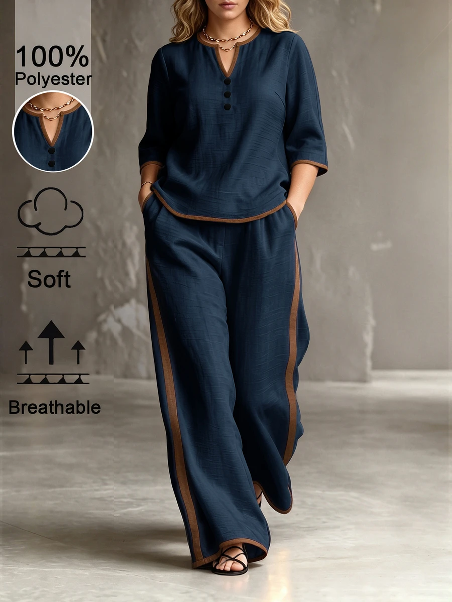 Linhara CURVE Women's Plus Size Casual 2 Pieces Set, Casual Round Neck Shirt + Elastic Waist Long Pants, Outdoor 2 Pieces Set Fall - Navy Blue - View 1