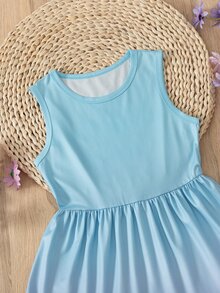 SHEIN Tween Girls' Gradient Dress, Knit Fabric, Stretchy Long Style, Sun Protection, Elegant Tropical Cute Daily Casual And Vacation Wear, Light Blue Summer - Multicolor - View 5