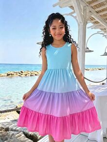 SHEIN Tween Girls' Gradient Dress, Knit Fabric, Stretchy Long Style, Sun Protection, Elegant Tropical Cute Daily Casual And Vacation Wear, Light Blue Summer - Multicolor - View 1