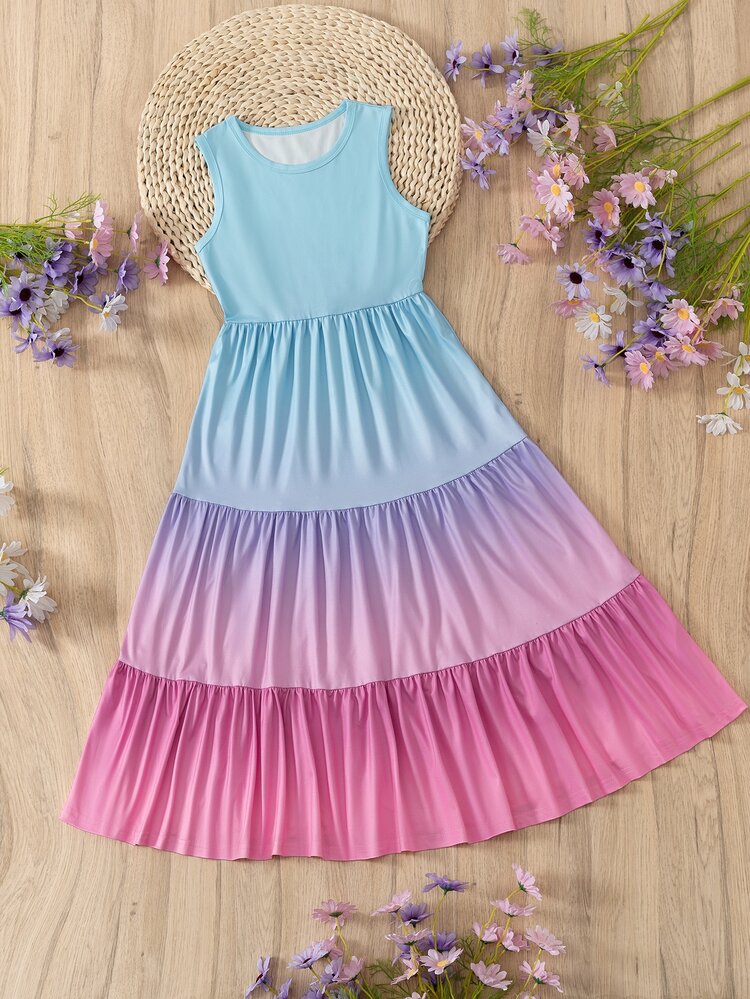 SHEIN Tween Girls' Gradient Dress, Knit Fabric, Stretchy Long Style, Sun Protection, Elegant Tropical Cute Daily Casual And Vacation Wear, Light Blue Summer - Multicolor - View 4