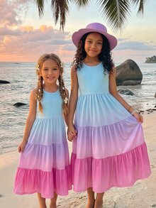 SHEIN Tween Girls' Gradient Dress, Knit Fabric, Stretchy Long Style, Sun Protection, Elegant Tropical Cute Daily Casual And Vacation Wear, Light Blue Summer - Multicolor - View 6