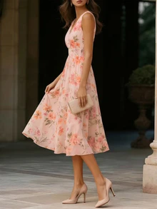 Balvessa Floral Print Cross Neck Sleeveless A-Line Romantic Elegant Mid-Length Dress For Women - Pink - View 5