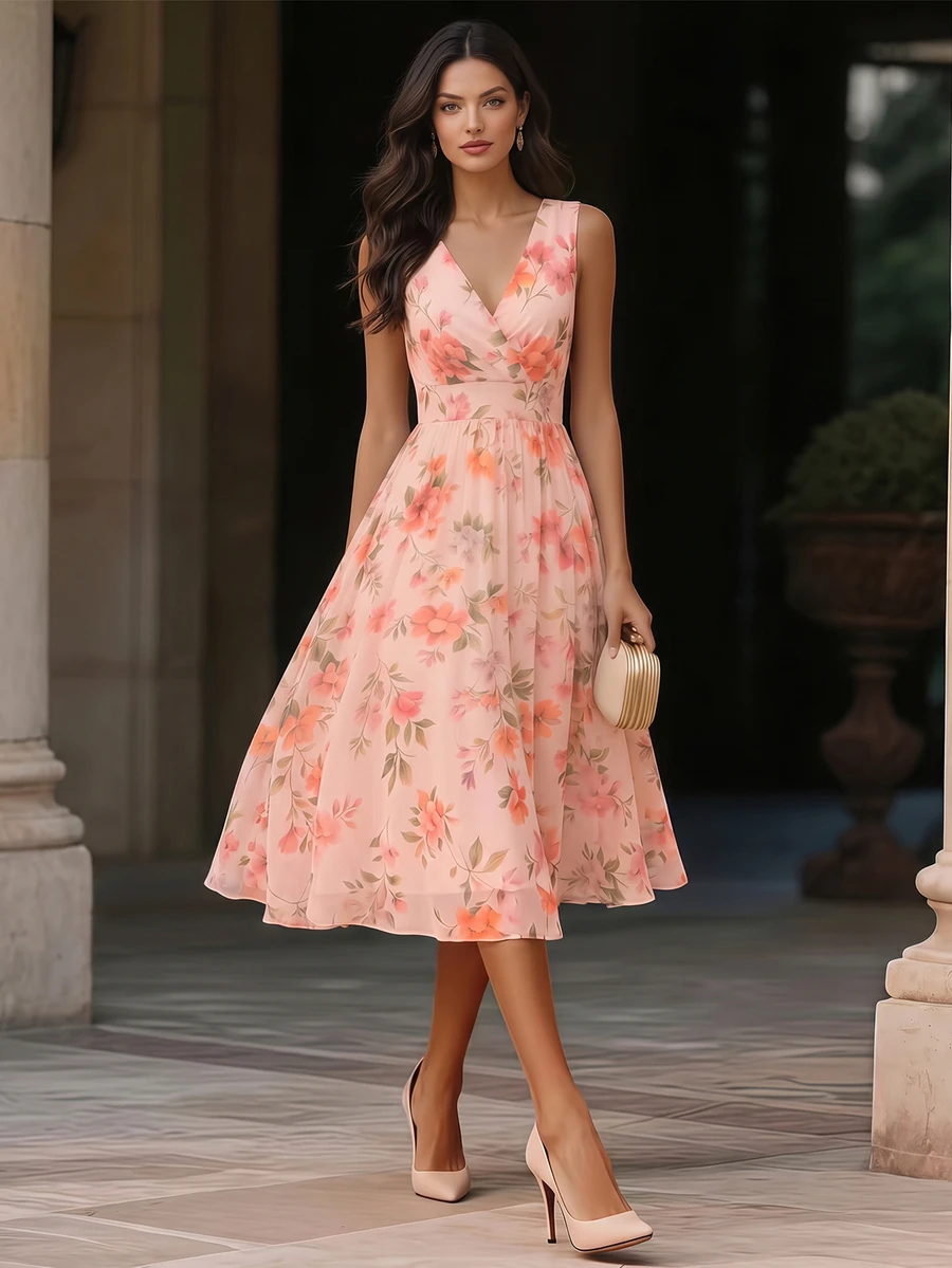 Balvessa Floral Print Cross Neck Sleeveless A-Line Romantic Elegant Mid-Length Dress For Women - Pink - View 1