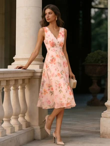 Balvessa Floral Print Cross Neck Sleeveless A-Line Romantic Elegant Mid-Length Dress For Women - Pink - View 4