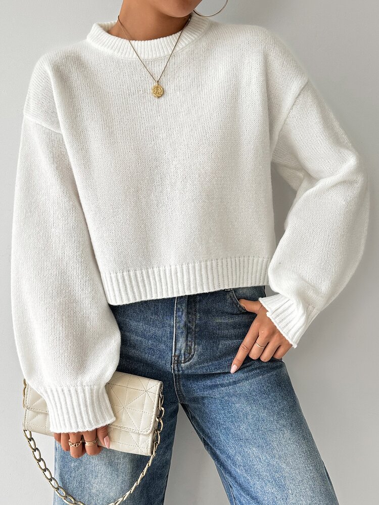 Elafinee Sweater Rajut Lengan Panjang Leher Bulat Warna Polos Kasual Sederhana untuk Wanita, Model Pullover untuk Musim Gugur dan Musim Dingin - Putih - View 5