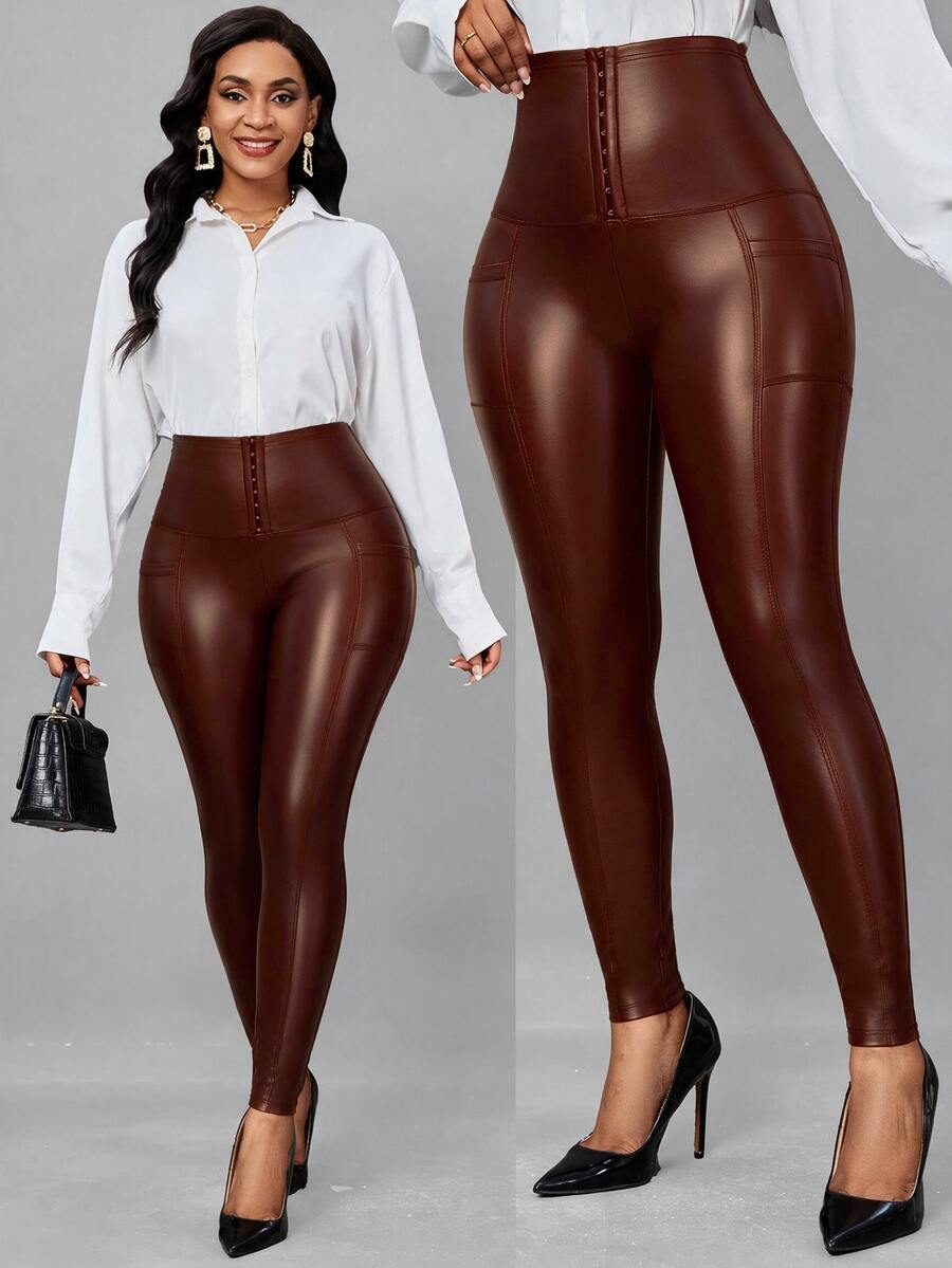 SHEIN Lady Leggings ajustados de cintura alta para mujer talla grande, unicolor, casual y sexy, para uso diario, salidas nocturnas y eventos de noche, marrón, otoño - Marrón Chocolate - Ver 1