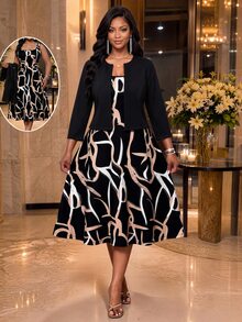 SHEIN Lady Plus Size Women's All-Over Print Dress And Cardigan Casual Elegant 2 Pieces Set Office Party Black Autumn Fall - Multicolor - View 1