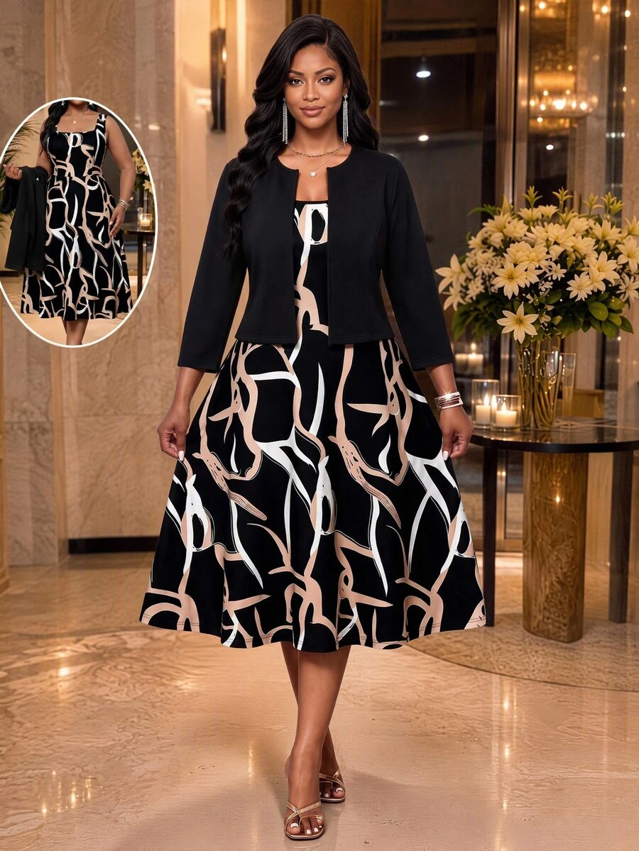 SHEIN Lady Plus Size Women's All-Over Print Dress And Cardigan Casual Elegant 2 Pieces Set Office Party Black Autumn Fall - Multicolor - View 1