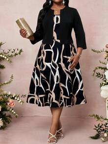 SHEIN Lady Plus Size Women's All-Over Print Dress And Cardigan Casual Elegant 2 Pieces Set Office Party Black Autumn Fall - Multicolor - View 8