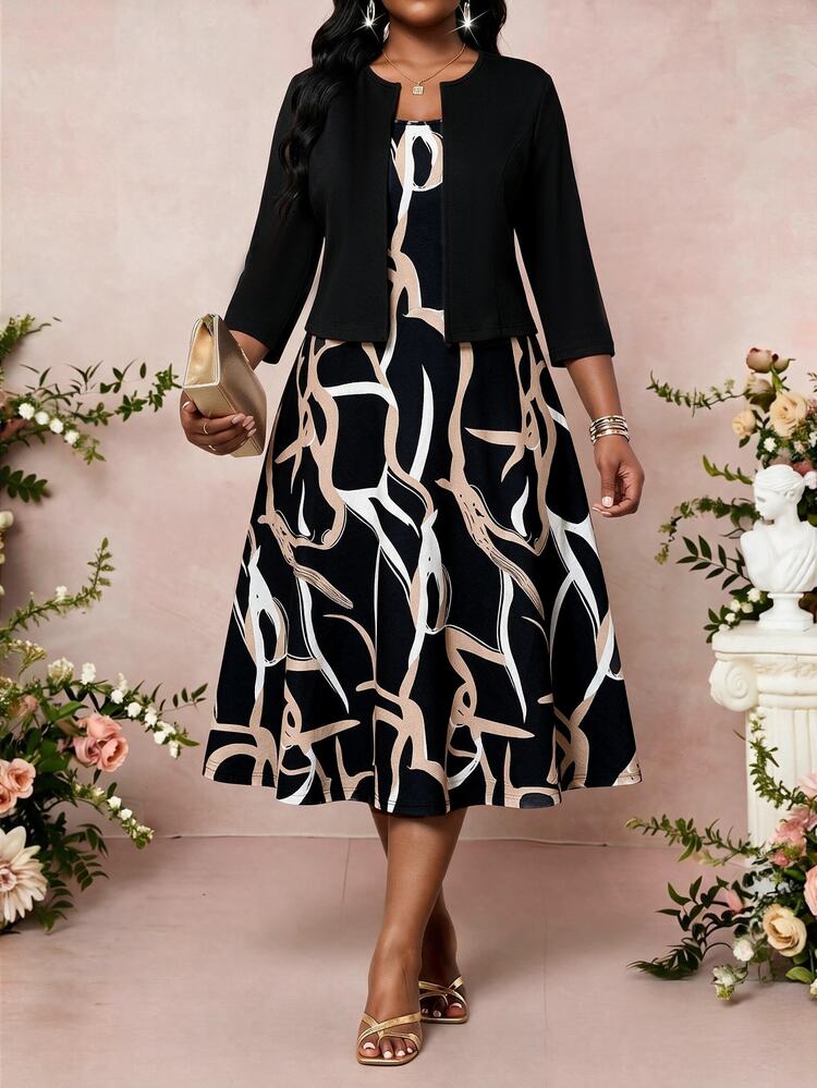 SHEIN Lady Plus Size Women's All-Over Print Dress And Cardigan Casual Elegant 2 Pieces Set Office Party Black Autumn Fall - Multicolor - View 6