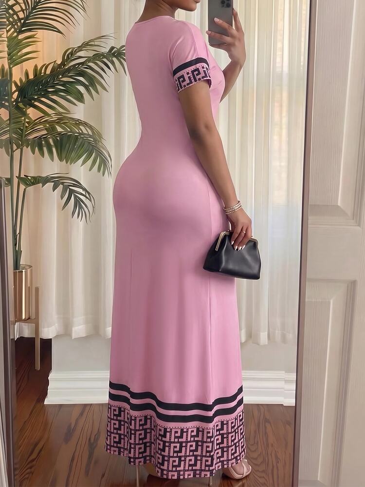 SHEIN Lady Plus Size Women's Geometric Print Round Neck Short Sleeve Casual Romantic Elegant Dress Brunch Party Morning Pink Summer - Pink - View 2