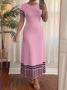 SHEIN Lady Plus Size Women's Geometric Print Round Neck Short Sleeve Casual Elegant Dress Brunch Party Pink Summer - Pink - View 7
