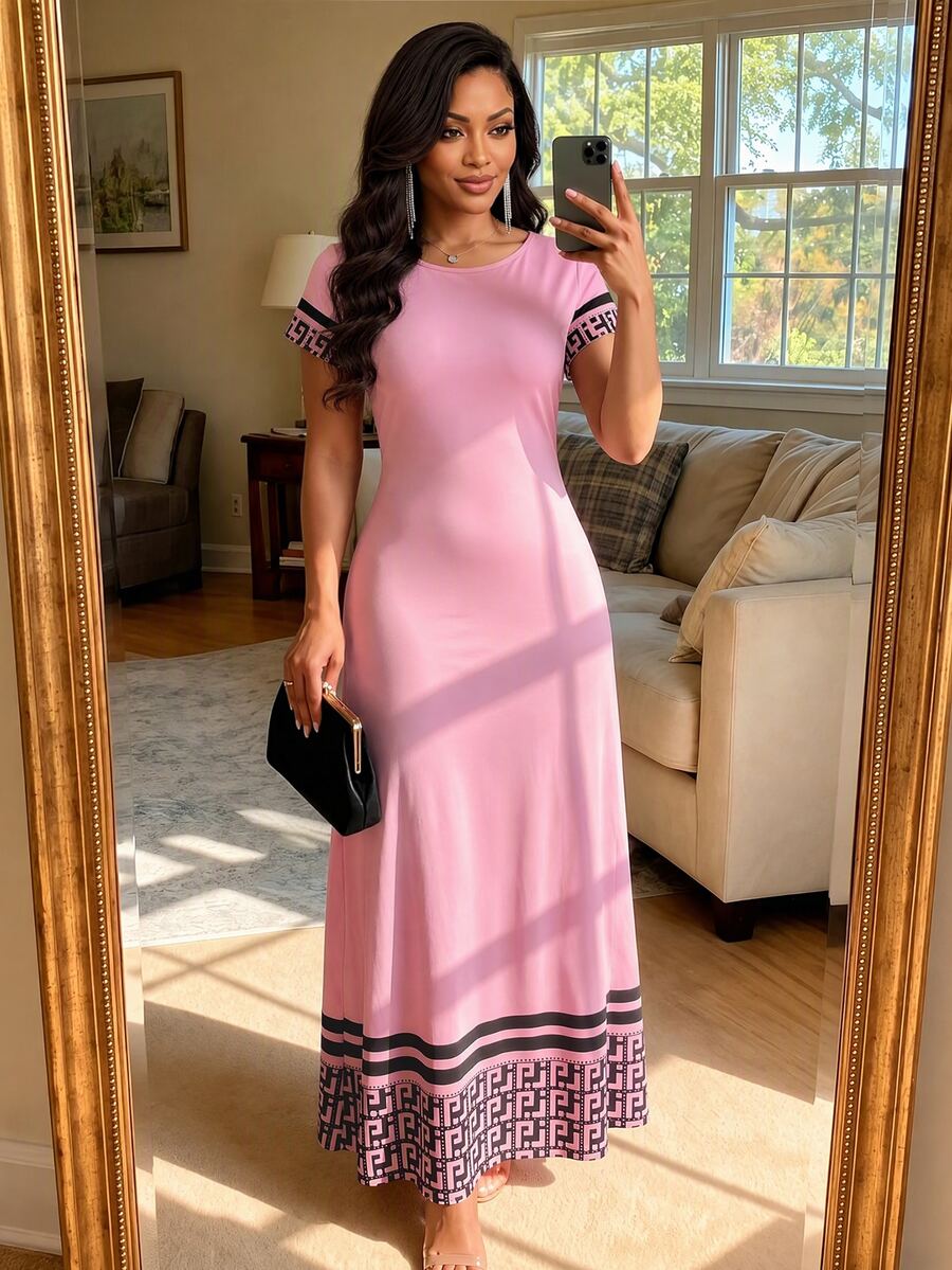SHEIN Lady Plus Size Women's Geometric Print Round Neck Short Sleeve Casual Elegant Dress Brunch Party Pink Summer - Pink - View 1