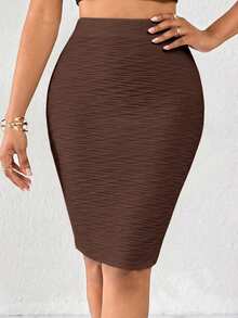 SHEIN Lady Plus Size Elegant Casual Fashion Textured Sexy Skirt Office Brunch Formal Brown Summer Chocolate Brown Summer - Brown - View 4