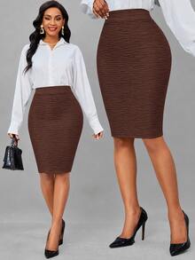 SHEIN Lady Plus Size Elegant Casual Fashion Textured Sexy Skirt Office Brunch Formal Brown Summer Chocolate Brown Summer - Brown - View 1