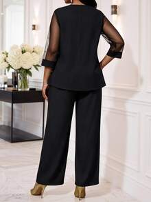 SHEIN Lady Plus Size Mesh Patchwork Shirt And Loose Pants 2 Pieces Set Party Dinner Black Spring Elegant Fall - Black - View 2