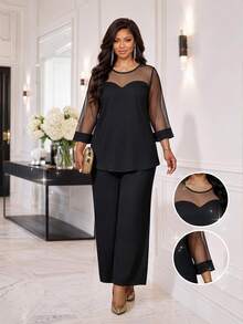 SHEIN Lady Plus Size Mesh Patchwork Shirt And Loose Pants 2 Pieces Set Party Dinner Black Spring Elegant Fall - Black - View 1