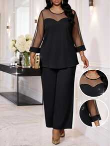 SHEIN Lady Plus Size Mesh Patchwork Shirt And Loose Pants 2 Pieces Set Party Dinner Black Spring Elegant Fall - Black - View 5