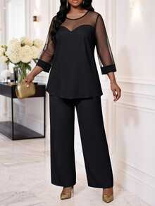 SHEIN Lady Plus Size Mesh Patchwork Shirt And Loose Pants 2 Pieces Set Party Dinner Black Spring Elegant Fall - Black - View 6