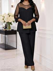 SHEIN Lady Plus Size Mesh Patchwork Shirt And Loose Pants 2 Pieces Set Party Dinner Black Spring Elegant Fall - Black - View 4