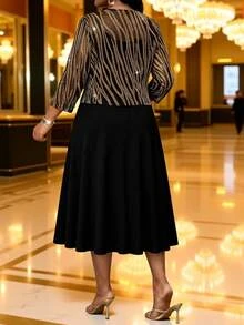 SHEIN Lady Plus Size Women's Gold Foil Zebra Print Open Front Top And Dress Elegant 2 Pieces Set Autumn Wedding Formal Dinner Evening Black And Gold Black Fall - Multicolor - View 2