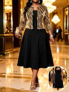 SHEIN Lady Plus Size Women's Gold Foil Zebra Print Open Front Top And Dress Elegant 2 Pieces Set Autumn Wedding Formal Dinner Evening Black And Gold Black Fall - Multicolor - View 3