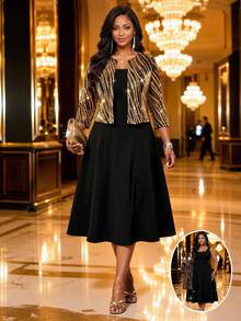 SHEIN Lady Plus Size Women's Gold Foil Zebra Print Open Front Top And Dress Elegant 2 Pieces Set Autumn Wedding Formal Dinner Evening Black And Gold Black Fall - Multicolor - View 1