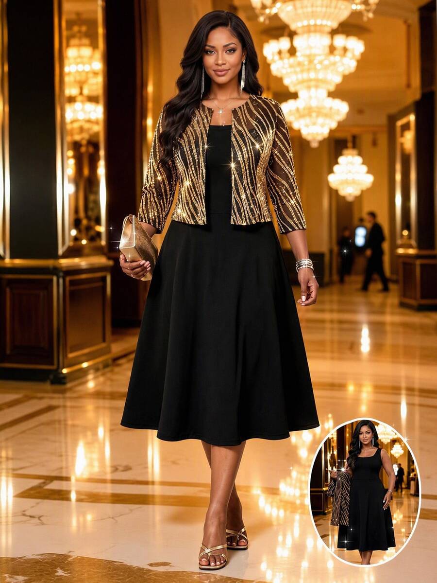 SHEIN Lady Plus Size Women's Gold Foil Zebra Print Open Front Top And Dress Elegant 2 Pieces Set Autumn Wedding Formal Dinner Evening Black And Gold Black Fall - Multicolor - View 1