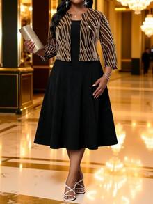 SHEIN Lady Plus Size Women's Gold Foil Zebra Print Open Front Top And Dress Elegant 2 Pieces Set Autumn Wedding Formal Dinner Evening Black And Gold Black Fall - Multicolor - View 7