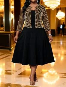 SHEIN Lady Plus Size Women's Gold Foil Zebra Print Open Front Top And Dress Elegant 2 Pieces Set Autumn Wedding Formal Dinner Evening Black And Gold Black Fall - Multicolor - View 4