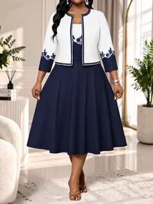 SHEIN Lady Plus Size Women's Floral Print Open Front Jacket And Dress Elegant 2 Pieces Set Autumn Wedding Dinner Formal Navy Blue Fall - Multicolor - View 5