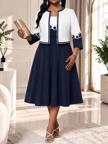 SHEIN Lady Plus Size Women's Floral Print Open Front Jacket And Dress Elegant 2 Pieces Set Autumn Wedding Dinner Formal Navy Blue Fall - Multicolor - View 7