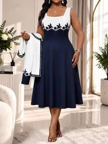 SHEIN Lady Plus Size Women's Floral Print Open Front Jacket And Dress Elegant 2 Pieces Set Autumn Wedding Dinner Formal Navy Blue Fall - Multicolor - View 3
