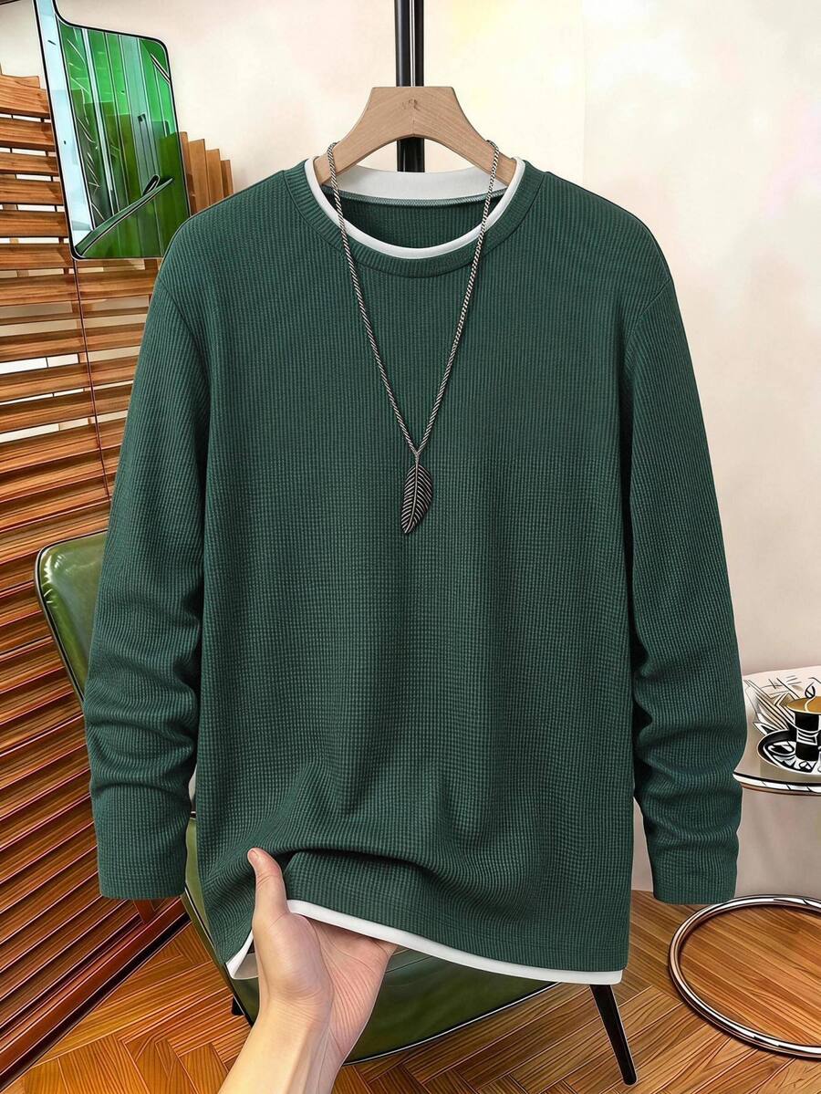 SHEIN Teen Boy Round Neck Long Sleeve Contrast Collar & Cuff T-Shirt, Spring Autumn Chic For Autumn/Winter - Dark Green - View 1