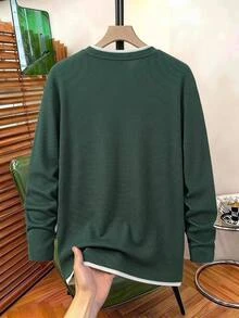 SHEIN Teen Boy Round Neck Long Sleeve Contrast Collar & Cuff T-Shirt, Spring Autumn Chic For Autumn/Winter - Dark Green - View 2