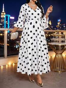 SHEIN Lady Plus Size French Polka Dot Print Ruffle Cuff Dress Cocktail Evening Autumn Formal Elegant 90s 90s Wedding Dinner Evening White Wedding Fall - Black and White - View 6