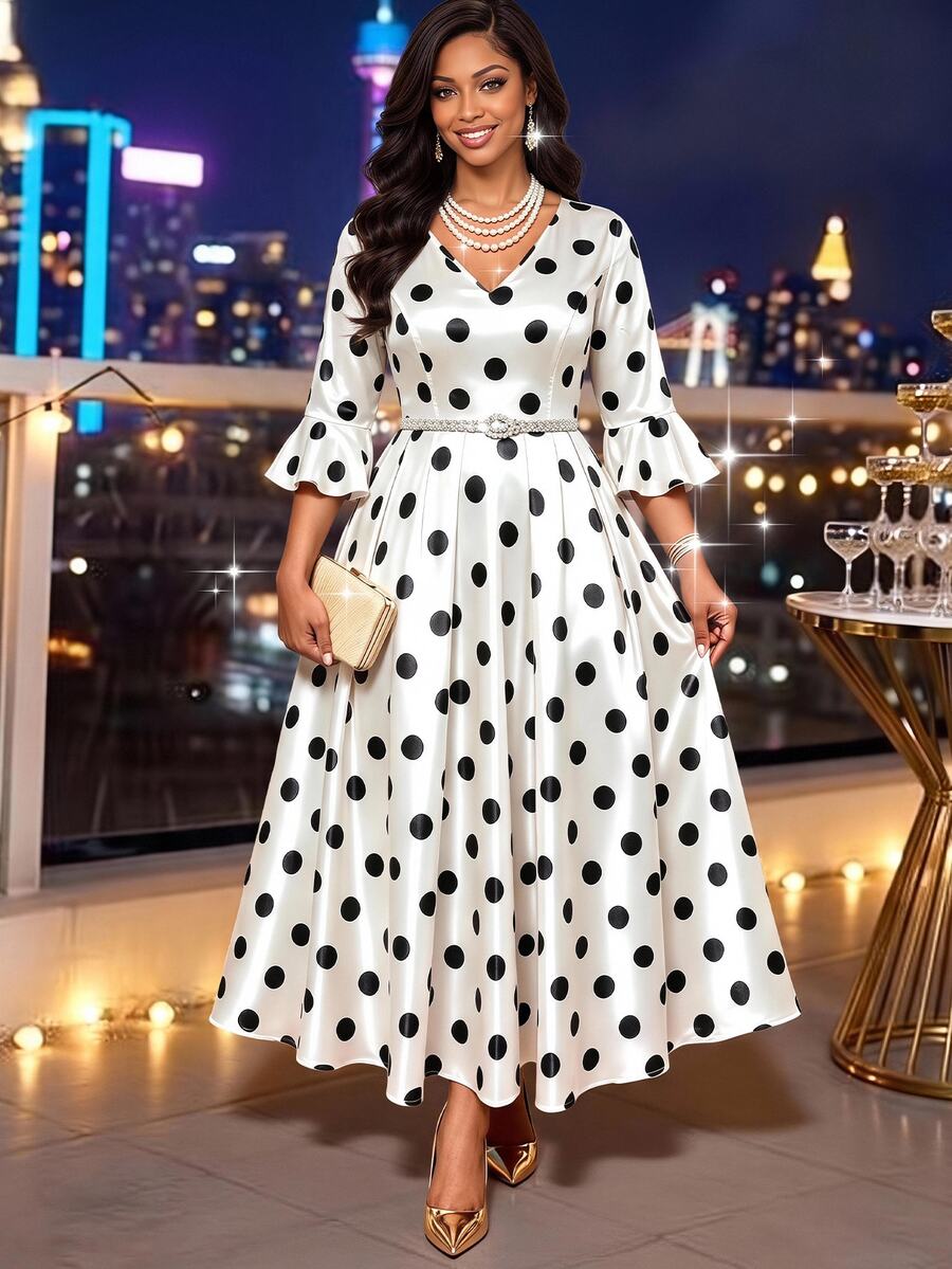 SHEIN Lady Plus Size French Polka Dot Print Ruffle Cuff Dress Cocktail Evening Autumn Formal Elegant 90s 90s Wedding Dinner Evening White Wedding Fall