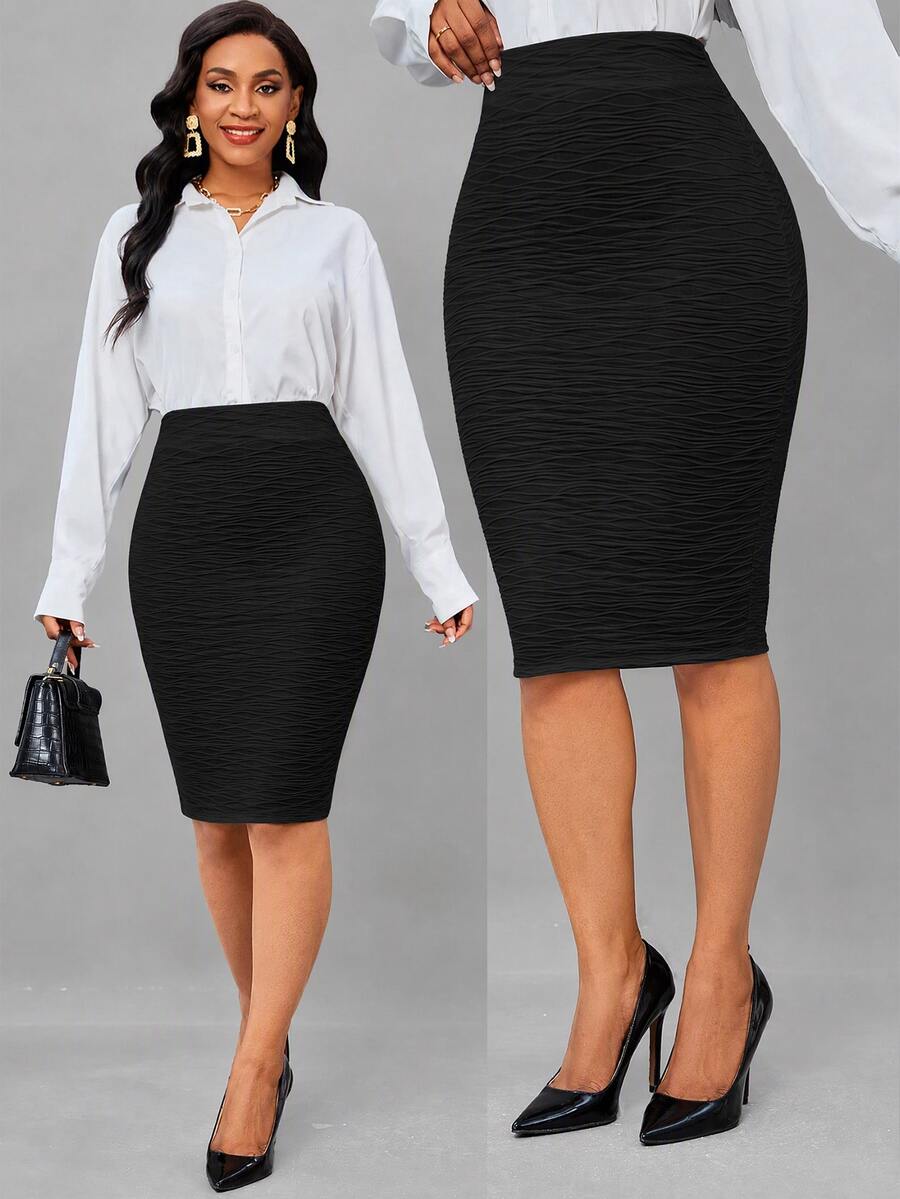 SHEIN Lady Plus Size Women's Solid Color Line Textured Bodycon Skirt Business Formal Office Black Summer Elegant - Black - View 1