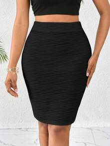 SHEIN Lady Plus Size Women's Solid Color Line Textured Bodycon Skirt Business Formal Office Black Summer Elegant - Black - View 3