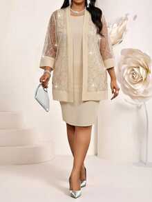 SHEIN Lady Plus Size Elegant Party Wedding Formal Sequin Mesh Jacket Dress 2 Pieces Set New Year Christmas Beige Fall Champagne - Apricot - View 5