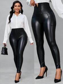 SHEIN Lady Plus Size Women High Waist Solid Color Button Design PU Leather Leggings Black Pants For Woman Night Out Gym Going Out Fall Sexy Halloween - Black - View 2