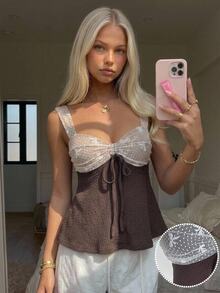 CovetEZ Women's Vacation Casual Patchwork Contrast Color Tie Strap Tank Top - Brown - View 1