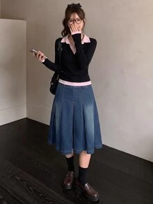 K-Vae 女士牛仔 A 字形迷你褶皱裙，蓝色 - 深色水洗藍 - 查看 7