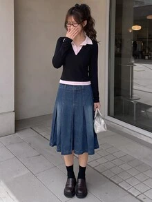 K-Vae 女士牛仔 A 字形迷你褶皱裙，蓝色 - 深色水洗藍 - 查看 3