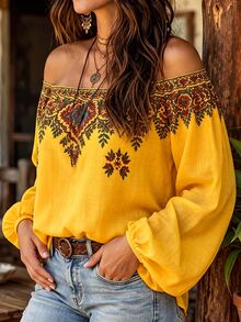 Linhara Women's Plus Size Off-Shoulder Printed Long Sleeve Blouse, Casual Commute Pastoral Top, Autumn/Winter Shirt Fall - Yellow - View 5
