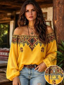 Linhara Women's Plus Size Off-Shoulder Printed Long Sleeve Blouse, Casual Commute Pastoral Top, Autumn/Winter Shirt Fall - Yellow - View 1