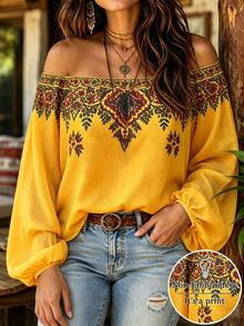 Linhara Women's Plus Size Off-Shoulder Printed Long Sleeve Blouse, Casual Commute Pastoral Top, Autumn/Winter Shirt Fall - Yellow - View 3