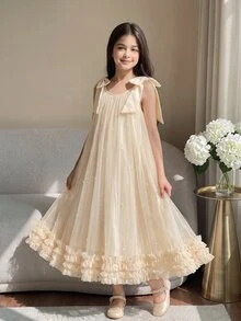 SHEIN 少女優雅可愛時尚荷葉邊珍珠裝飾網紗迷你洋裝 畢業禮服 婚禮生日花童派對裝 米色 夏季 - 杏色 - 查看 2