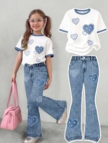 SHEIN 2件套少女休闲爱心图案宽松圆领短袖T恤和喇叭裤 - 彩色 - 查看 3